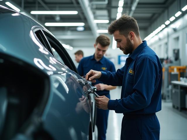 Technicians at work fixing a vehicle in a modern auto body shop at North Columbus Collision Center