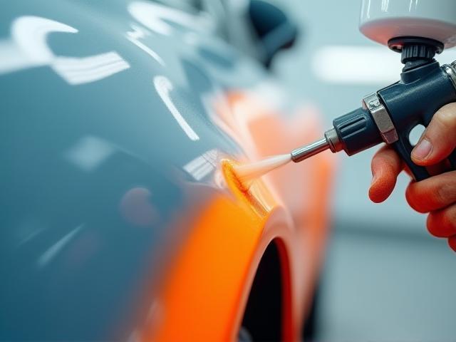 Close-up of expert applying water-based paint using spray gun on auto body